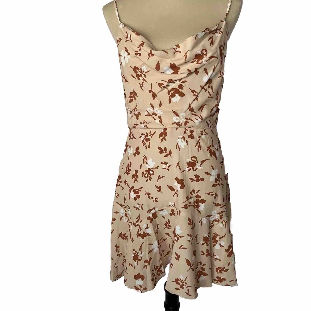 Willow Cowl Neck Tan Mini Dress S Tan Print Romantic y2K Spaghetti Strap